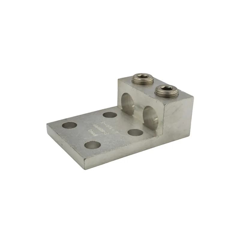 NSI Industries 2-600L4 - 2 Port Aluminum Dual Rated Transformer Lug 600 MCM - 2 AWG Aluminum Dual Rated Transformer Lugs are versatile and reuseable set screw connectors made of 6061T-6 aluminum alloy for superior electrical and mechanical performance. Two set screws per wire hole ensure an exceptional connection. Electro-tin plated for low resistance. For use with copper or aluminum conductors. Mounting hole spacing is NEMA 1-3/4". Meets or exceeds ANSI C119.4 Class A. Rated 600 Volts. Temperature Rating 90 degrees C.