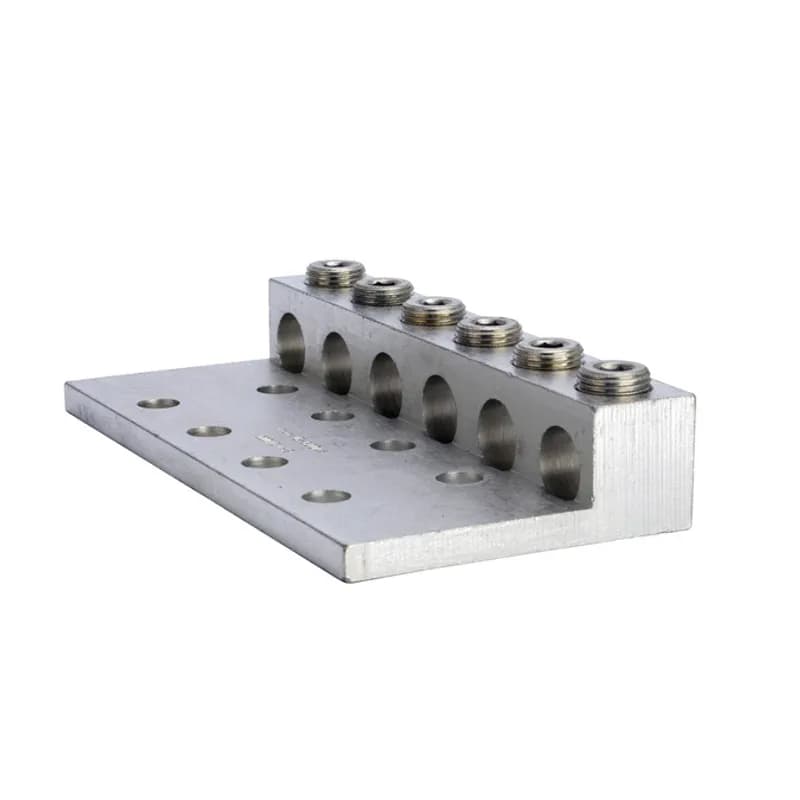 6 Port Aluminum Dual Rated Transformer Lug 600 MCM - 2 AWG Aluminum Dual Rated Transformer Lugs are versatile and reuseable set screw connectors made of 6061T-6 aluminum alloy for superior electrical and mechanical performance. Two set screws per wire hole ensure an exceptional connection. Electro-tin plated for low resistance. For use with copper or aluminum conductors. Mounting hole spacing is NEMA 1-3/4". Meets or exceeds ANSI C119.4 Class A. Rated 600 Volts. Temperature Rating 90 degrees C.