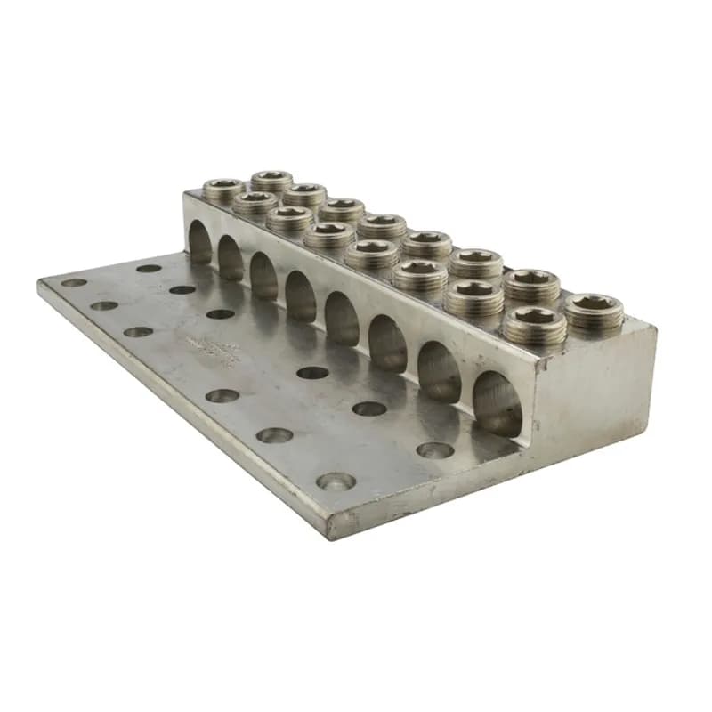 NSI Industries 8-1000LL12 - 8 Port Heavy Duty Dual Rated Transformer Lug 1000 MCM - 500 MCM Heavy Duty Dual Rated Transformer Lugs are versatile and reusable set screw connectors made from high strength 6061-T6 aluminum alloy for superior electrical and mechanical performance. Two set screws per wire hole ensure an exceptional connection. Electro-tin plated for low contact resistance. For use with copper or aluminum conductors. Mounting hole spacing is NEMA 1-3/4". Meets or exceeds ANSI C119.4 Class A. Rated 600V. Temperature rating 90 degrees C.
