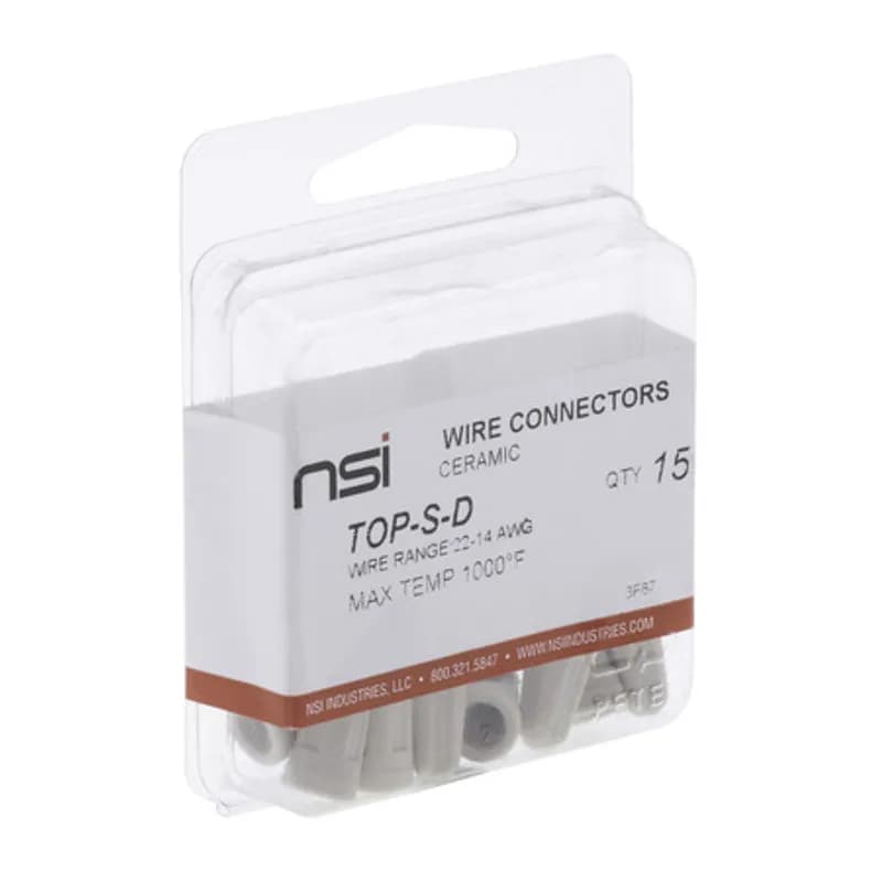 NSI Industries TOP-S-D - The Easy-Twist TOP-S-D 15-Count Pack of Small Ceramic Wire Connectors are designed for use on wires in the 22-14 AWG size range. The simple one-piece ceramic design has a maximum working temperature of 1000Ëš Fahrenheit to join wires in extreme high-heat applications. The body shape features threads molded directly into the interior surface to reliably grip wires and an ergonomically ribbed exterior that is easy to twist. Specially designed for industrial situations including appliances, high-powered light fixtures or heaters.