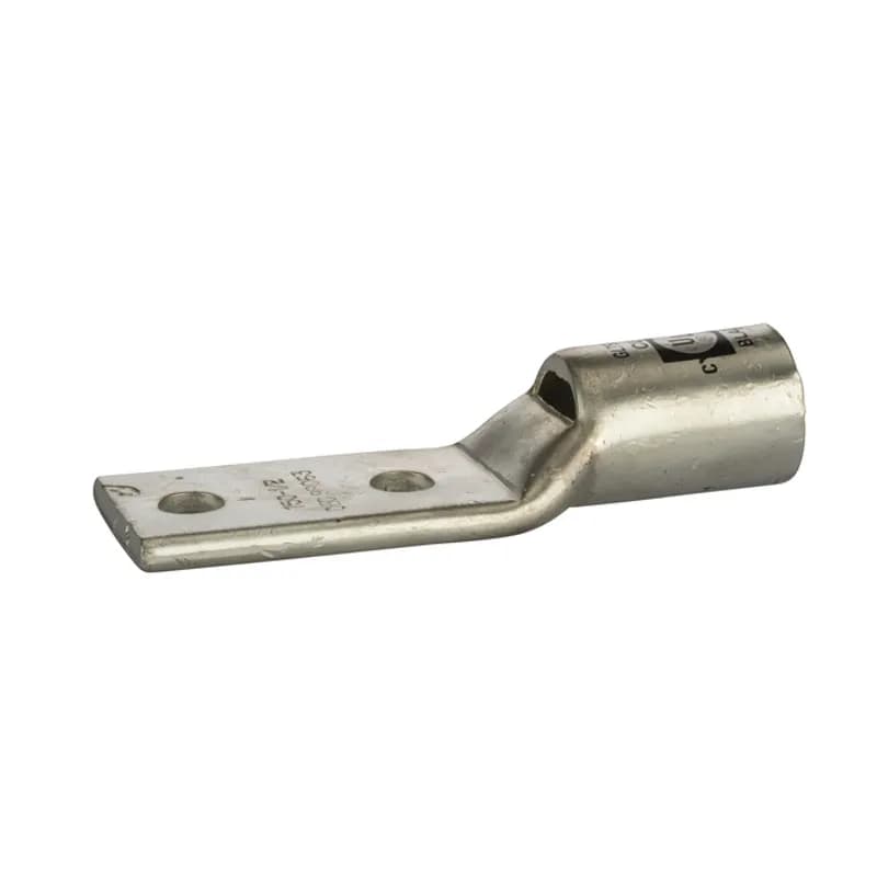 2 Hole Short Barrel Copper Compression Lug w/ Peep Hole 750 MCM - 1/2" Bolt Short Barrel Copper Compression Lugs with Peep Hole is a type of copper compression connector that is produced from high conductivity copper tubing. They are tin-plated to provide corrosion resistance and are marked with die index and color coded for easy reference. Listed for 35KV maximum when properly installed.