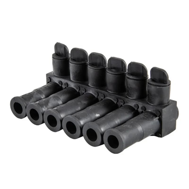 NSI Industries ISPB350-6 - The Polaris ISPB350-6 Multi-Tap Direct Burial Single-Sided Entry Connector features 6 ports sized for 350 MCM - 12 AWG wires. The body is made from aluminum alloy wrapped in a layer of high-dielectric strength rubber insulation. Each single-sided port is pre-loaded with an oxide inhibitor, with removable access plugs over the hex screws used to tighten the radial-tipped set screws. Rated for temporary submersion, wet or damp locations and direct burial applications. Installs with a hex key and torque wrench, without any tape or additional supplies. Meets or exceeds ANSI C119.1 specifications for use in wet or damp locations and designed for use in a wide range of temporary submersal or burial splicing applications.