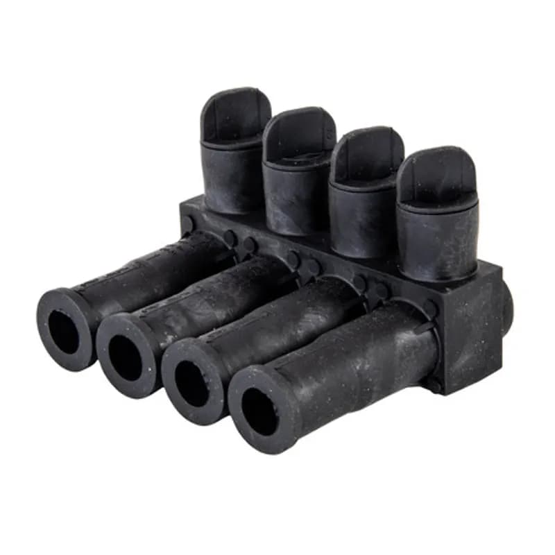 NSI Industries ISPB350-4 - The Polaris ISPB350-4 Multi-Tap Direct Burial Single-Sided Entry Connector features 4 ports sized for 350 MCM - 12 AWG wires. The body is made from aluminum alloy wrapped in a layer of high-dielectric strength rubber insulation. Each single-sided port is pre-loaded with an oxide inhibitor, with removable access plugs over the hex screws used to tighten the radial-tipped set screws. Rated for temporary submersion, wet or damp locations and direct burial applications. Installs with a hex key and torque wrench, without any tape or additional supplies. Meets or exceeds ANSI C119.1 specifications for use in wet or damp locations and designed for use in a wide range of temporary submersal or burial splicing applications.