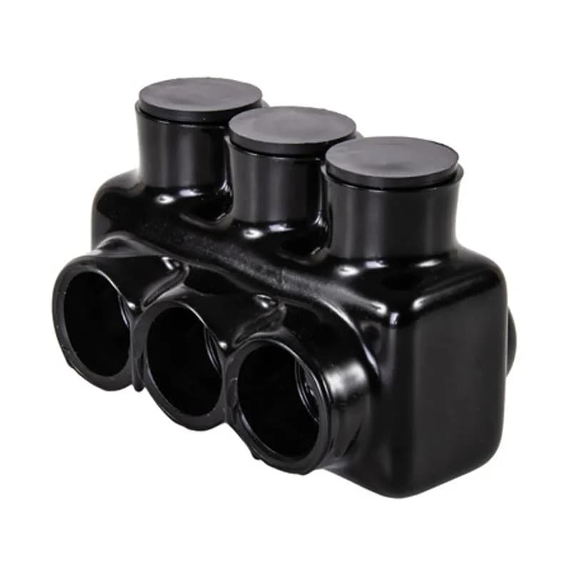 The Polaris IPL250-3B Multi-Tap Single Side Entry Connector features 3 ports sized for 250 MCM - 6 AWG wires. The body is made from aluminum alloy wrapped in a layer of plastisol insulation. Each port is pre-loaded with an oxide inhibitor, with removable access plugs over the hex screws used to tighten the connections. Installs with a hex key and torque wrench, without any tape or additional supplies. Designed for use in a wide range of splicing applications, including installation in cable trays, panel boards, ducts, raceways or troughs.