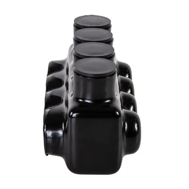 The Polaris IPL250-4B Multi-Tap Single Side Entry Connector features 4 ports sized for 250 MCM - 6 AWG wires. The body is made from aluminum alloy wrapped in a layer of plastisol insulation. Each port is pre-loaded with an oxide inhibitor, with removable access plugs over the hex screws used to tighten the connections. Installs with a hex key and torque wrench, without any tape or additional supplies. Designed for use in a wide range of splicing applications, including installation in cable trays, panel boards, ducts, raceways or troughs.