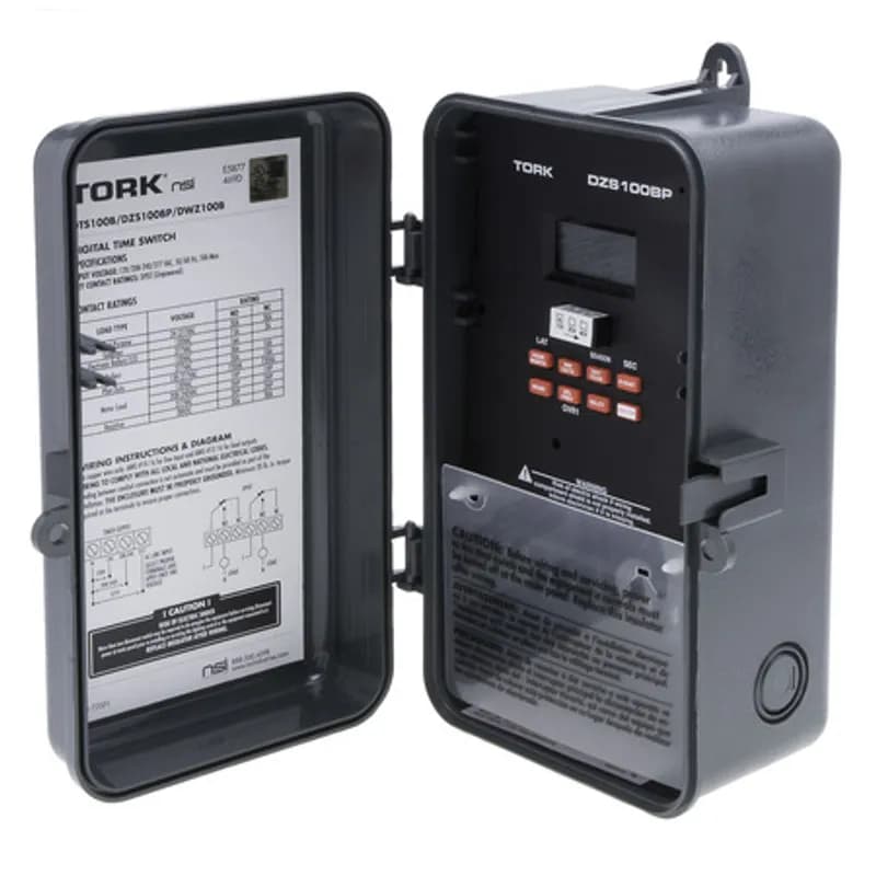 The TORK DZS100BP 365/7-Day Astronomic Digital Timer is designed for 120-277 volt loads and has a Noryl plastic enclosure with a locking hasp for outdoor use. Automate your home or office to save energy and money using the intuitive programming interface and light sensitive activation to activate lights or signage when the ambient light level drops below a customizable threshold. Features one SPDT output channel with automatic voltage detection and automatic daylight saving adjustment. Designed for commercial applications including outdoor lighting, motors, security or parking lot lights, and heating or air conditioning equipment.