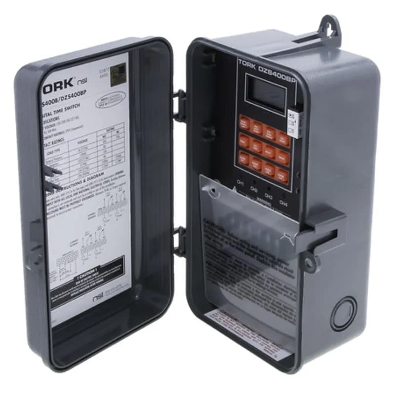 The TORK DZS400BP 365/7-Day Astronomic Digital Timer is designed for 120-277 volt loads and has a Noryl plastic enclosure with a locking hasp for outdoor use. Automate your home or office to save energy and money using the intuitive programming interface and light sensitive activation to activate lights or signage when the ambient light level drops below a customizable threshold. Features four DPDT output channels with automatic voltage detection and automatic daylight saving adjustment. Designed for commercial applications including outdoor lighting, motors, security or parking lot lights, and heating or air conditioning equipment.