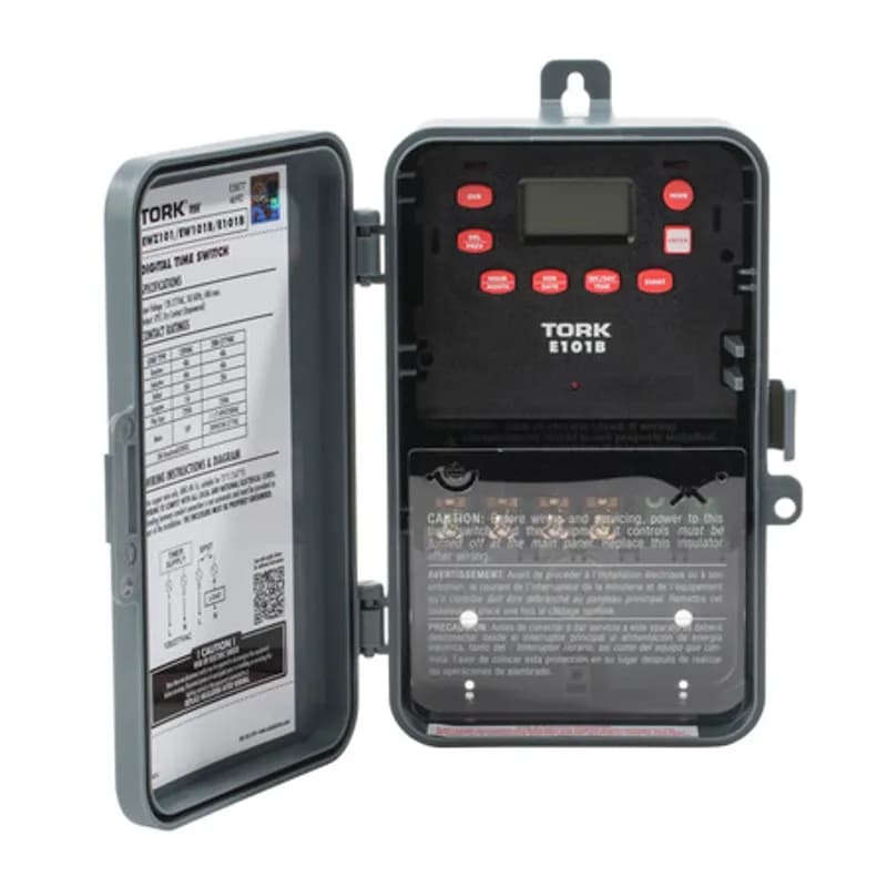 The TORK E101B 24-Hour Digital Timer is designed for a wide range of applications and has a plastic enclosure for indoor or outdoor use. Automate your home or office to save energy and money using the intuitive programming interface. Features up to 20 different on/off times, a 4-day battery backup and a Noryl plastic cover with a locking hasp. Designed for indoor or outdoor loads such as lights, heaters, air conditioners, water heaters, outdoor signage, sump pumps or ventilation fans.