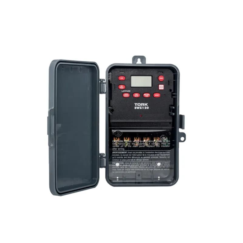 The TORK EWZ120 7-Day Astronomic Digital Timer is designed for 30 amp / 120-277 volt loads and has a Noryl plastic enclosure with a locking hasp for outdoor use. Automate your home or office to save energy and money using the intuitive programming interface to activate lights or signage. Features one SPDT output channel with automatic voltage detection. Designed for commercial applications including outdoor lighting, motors, security or parking lot lights, and heating or air conditioning equipment.