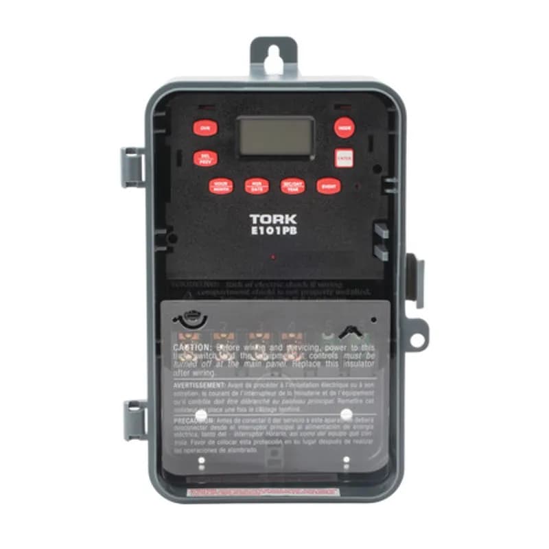 The TORK E101PB 24-Hour Digital Timer is designed for a wide range of applications and has a plastic enclosure for indoor or outdoor use. Automate your home or office to save energy and money using the intuitive programming interface. Features up to 20 different on/off times, a 4-day battery backup, 120 Volt rating and a Noryl plastic cover with a locking hasp. Designed for indoor or outdoor loads such as lights, heaters, air conditioners, water heaters, outdoor signage, sump pumps or ventilation fans.