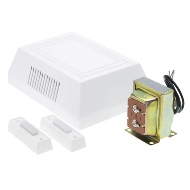 White, 16 VAC Chime Kit with 10 VA Transformer, 1 lighted pushbutton, and 1 unlighted pushbutton. Ideal for homes, apartments and offices.
