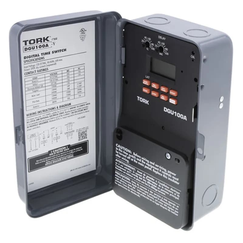 The TORK DGU100A-Y 24-Hour/7-Day Astronomic Digital Timer is designed for 20 amp / 120-277 volt loads and has a metal enclosure for indoor use. Automate your home or office to save energy and money using the intuitive programming interface and light sensitive activation to activate lights or signage when the ambient light level drops below a customizable threshold. Features one output channel with automatic voltage detection and a photo/override switch. Designed for commercial applications including signage, window lights, security or parking lot lights and warehouses.
