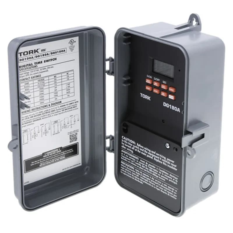 The TORK DG180A 24-Hour/7-Day Multipurpose Digital Timer is designed for 20 amp / 120-277 volt loads and has a plastic enclosure for indoor/outdoor use. Automate your home or office to save energy and money, using the intuitive programming interface to set different on/off times each day or to cycle loads on various days. Designed for commercial applications in the home, office, factory, church or school, including indoor/outdoor lighting, heaters, air conditioners, water heaters, warning signs or traffic lights