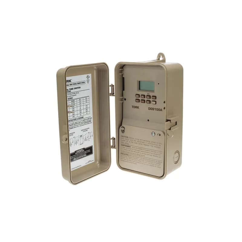 The TORK DGS100A 7-Day Holiday and Signal Cycle Digital Timer is designed for 20 amp / 120-277 volt loads and has a plastic enclosure for indoor/outdoor use. Automate your home or office to save energy and money, using the intuitive programming interface to set up to 56 different on/off times each day of the week. Designed for applications in the home, office, factory, church or school, including indoor/outdoor lighting, heaters, air conditioners, water heaters, warning signs or traffic lights