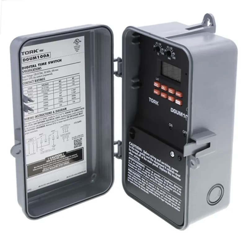 The TORK DGUM100A 24-Hour/7-Day Astronomic Digital Timer is designed for 20 amp / 120-277 volt loads and has a plastic enclosure for outdoor use. Automate your home or office to save energy and money using the intuitive programming interface and light sensitive activation to activate lights or signage when the ambient light level drops below a customizable threshold. Features holiday input and one momentary output channel with automatic voltage detection and a photo/override switch. Designed for commercial applications including signage, window lights, security or parking lot lights and warehouses.