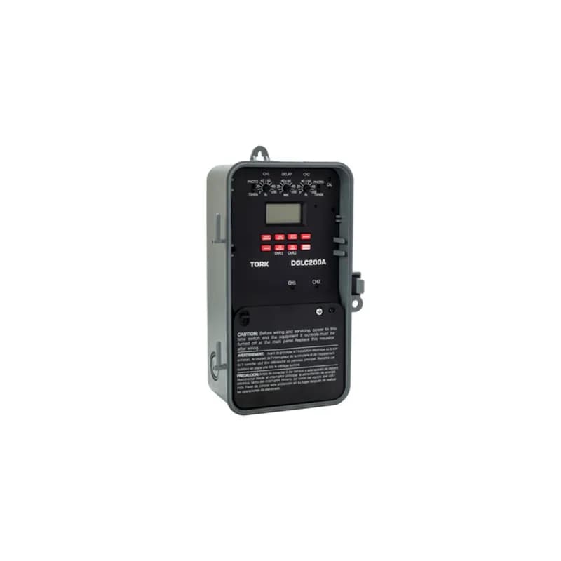 The TORK DGLC200A-NC 24-Hour/7-Day SunSet Astronomic Digital Timer is designed for 20 amp / 120-277 volt loads and has a plastic enclosure for outdoor use. Automate your home or office to save energy and money using the intuitive programming interface and light sensitive activation to activate lights or signage when the ambient light level drops below a customizable threshold. Features two output channels with automatic voltage detection. Designed for commercial applications including signage, window lights, security or parking lot lights and warehouses.