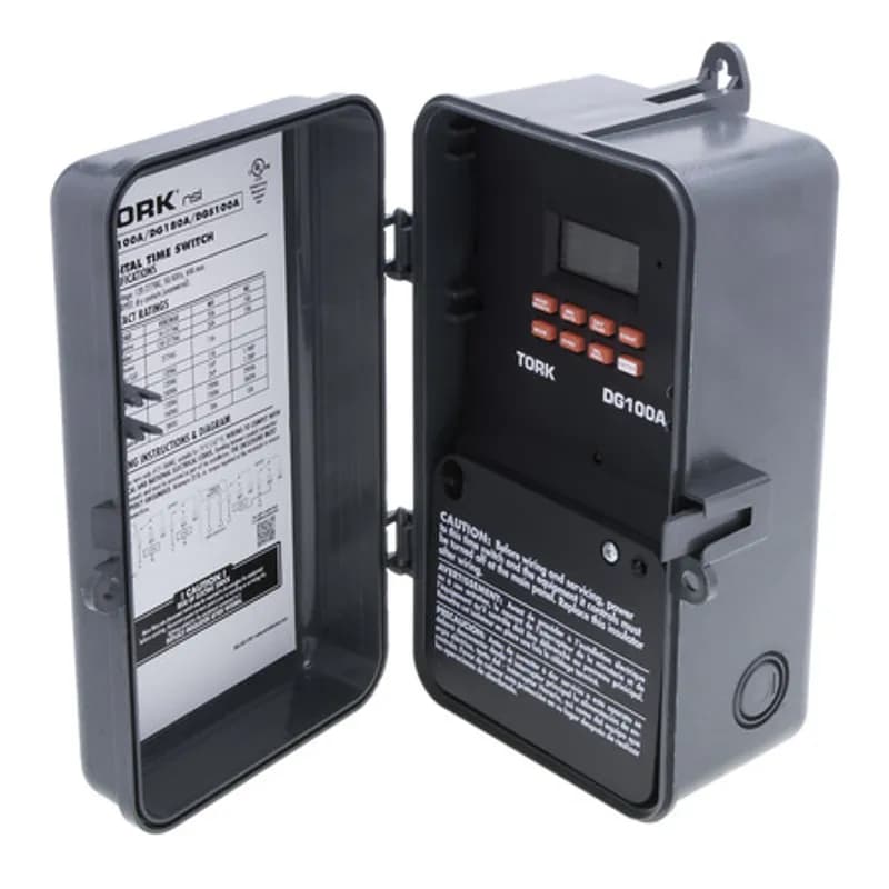 The TORK DG100A 365/7-Day Multipurpose Digital Timer is designed for 20 amp / 120-277 volt loads and has a plastic enclosure for indoor/outdoor use. Automate your home or office to save energy and money, using the intuitive programming interface to set different on/off times each day and 9 unique holiday blocks. Designed for applications in the home, office, factory, church or school, including indoor/outdoor lighting, heaters, air conditioners, water heaters, warning signs or traffic lights