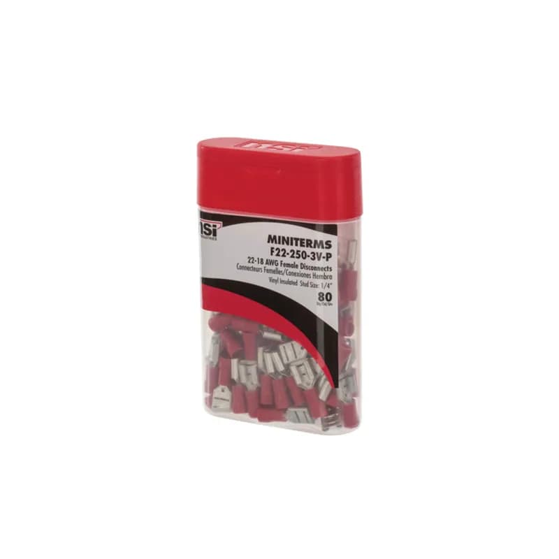 22-18 AWG Vinyl Insulated Female Disconnect with 0.250 Stud - 80 Count Vinyl Insulated Female Disconnects are entirely covered in an insulating vinyl. Electro tin plated, vinyl (PVC). 300V, 75 degrees C. FEATURES: STYLE: Female Disconnect MATERIAL: Vinyl QUANTITY: 80 Count WIRE SIZE: 22-18 STUD SIZE: 0.250