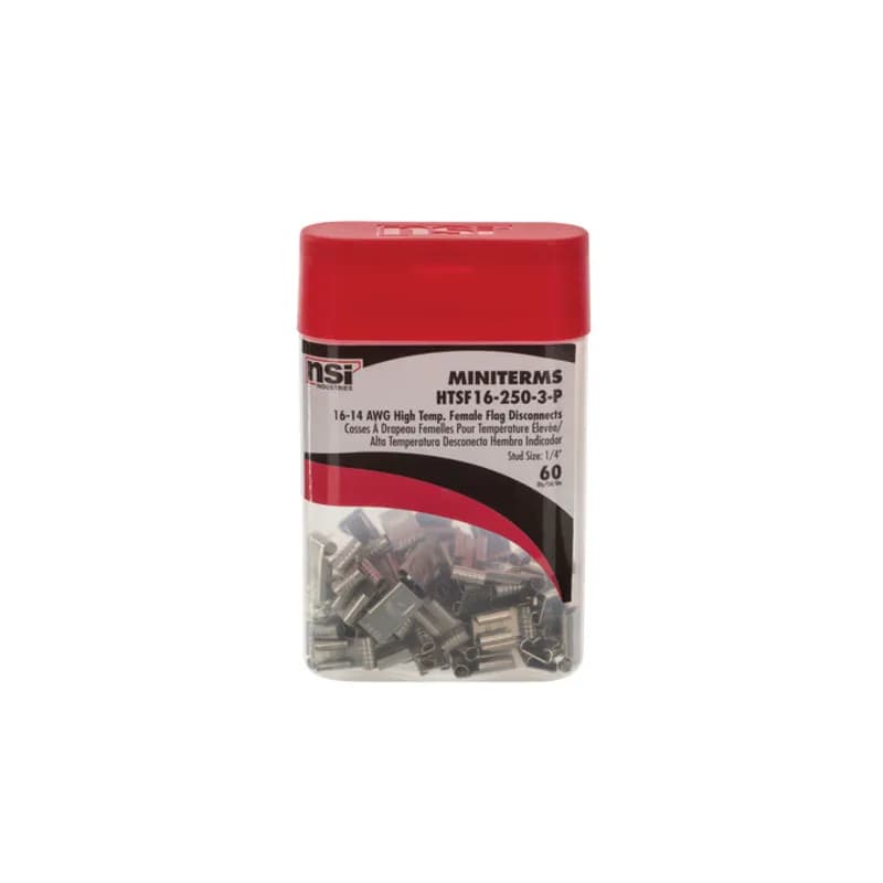 16-14 AWG Uninsulated High Temperature Female Flag Terminal with 0.250 Stud - 60 Count Uninsulated High Temperature Female Flag Terminals have a similar tongue style to a spade. Block spades have longer, flatter sides designed for use in terminal blocks. FEATURES: STYLE: Uninsulated Female Disconnect MATERIAL: Tin Plated Copper QUANTITY: 15 Count WIRE SIZE: 16-14 STUD SIZE: 0.250