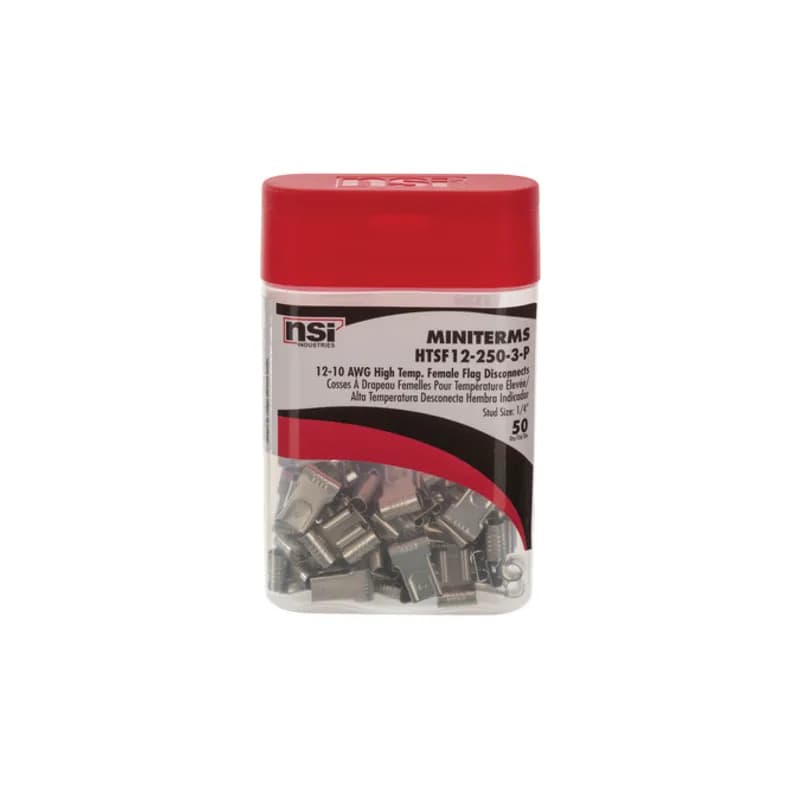 12-10 AWG Uninsulated High Temperature Female Flag Terminal with 0.250 Stud - 50 Count Uninsulated High Temperature Female Flag Terminals have a similar tongue style to a spade. Block spades have longer, flatter sides designed for use in terminal blocks. FEATURES: STYLE: Uninsulated Female Disconnect MATERIAL: Tin Plated Copper QUANTITY: 50 Count WIRE SIZE: 12-10 STUD SIZE: 0.250