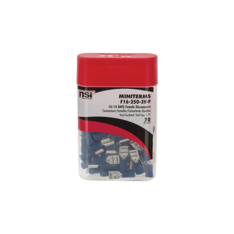 NSI Industries F16-250-3V-P - 16-14 AWG Vinyl Insulated Female Disconnect with 0.250 Stud - 70 Count Vinyl Insulated Female Disconnects are entirely covered in an insulating vinyl. Electro tin plated, vinyl (PVC). 300V, 75 degrees C. FEATURES: STYLE: Female Disconnect MATERIAL: Vinyl QUANTITY: 70 Count WIRE SIZE: 16-14 STUD SIZE: .250 x .032