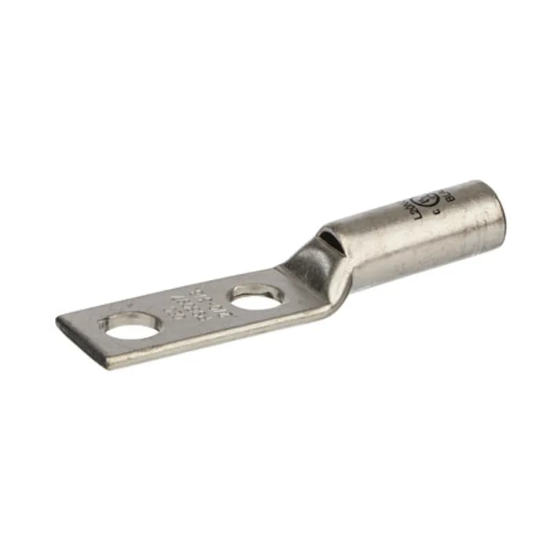 2 Hole Long Barrel Copper Compression Lug with Peep Hole 2/0 AWG - 3/8" Bolt - 1" Mounting Spacing Long Barrel Copper Compression Lugs are produced from high conductivity copper tubing. Allows easy inspection of the termination to assure complete cable insertion. Tin-plated to provide corrosion and low contact resistance. Marked with die index and color coded. Listed for 35KV maximum when properly installed. Rated 600V. cULus 486A/B Listed. UL467 Listed on sizes 6 AWG - 3/0 AWG. Temperature rating 90 degrees C.