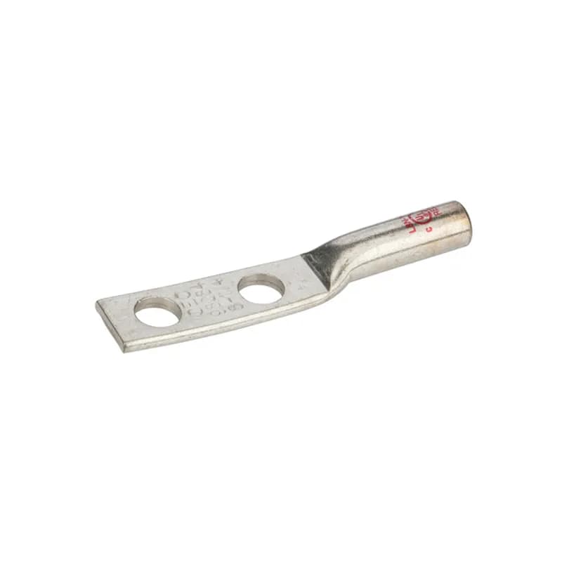 NSI Industries L8N-141 - 2 Hole Long Barrel Copper Compression Lug with Peep Hole 8 AWG - 1/4" Bolt - 5/8" Mounting Spacing Long Barrel Copper Compression Lugs are produced from high conductivity copper tubing. They are tin-plated to provide corrosion low contact resistance. Marked with die index and color coded for easy reference. Listed for 35KV maximum when properly installed and to cable manufacturer instructions. Temperature rating 90 degrees C. .