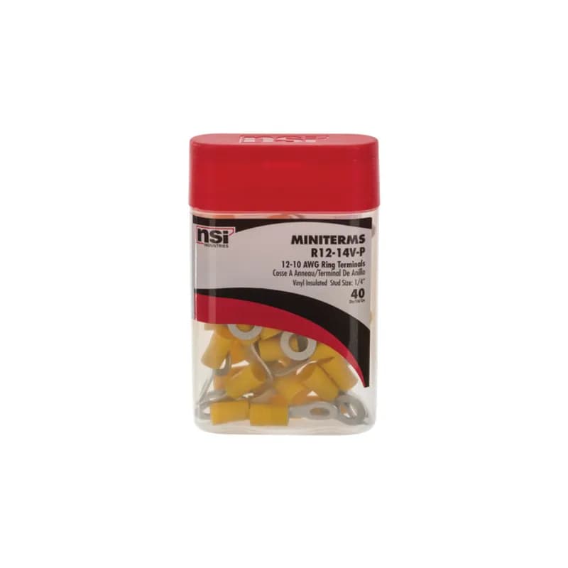 12-10 AWG Vinyl Insulated Ring Terminal 1/4" Stud Vinyl ring terminals are basic tongue ring terminals. Safe and reliable connections because it cannot be disconnected unless the screw is completely removed. Vinyl insulated ring terminals are made of tin-plated copper with brazed seam, vinyl (PVC). 300V, 75 degrees C. FEATURES: STYLE: Standard MATERIAL: Vinyl QUANTITY: 50 Count WIRE SIZE: 12-10 AWG STUD SIZE: 1/4" LENGTH: 1.003 WIDTH: 0.374