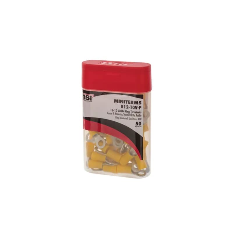 NSI Industries R12-10V-P - 12-10 AWG Vinyl Insulated Ring Terminal #10 Stud Vinyl ring terminals are basic tongue ring terminals. Safe and reliable connections because it cannot be disconnected unless the screw is completely removed. Vinyl insulated ring terminals are made of tin-plated copper with brazed seam, vinyl (PVC). 300V, 75 degrees C. FEATURES: STYLE: Standard MATERIAL: Vinyl QUANTITY: 50 Count WIRE SIZE: 12-10 AWG STUD SIZE: 10 LENGTH: 1.003 WIDTH: 0.374