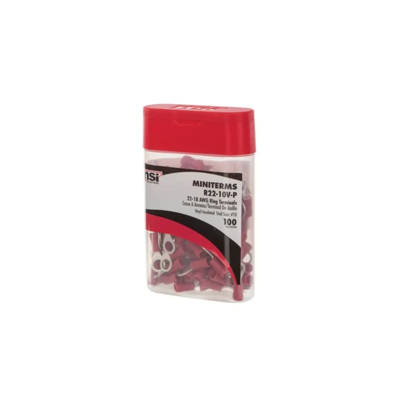NSI Industries R22-10V-P - 22-18 AWG Vinyl Insulated Ring Terminal #10 Stud Vinyl ring terminals are basic tongue ring terminals. Safe and reliable connections because it cannot be disconnected unless the screw is completely removed. Vinyl insulated ring terminals are made of tin-plated copper with brazed seam, vinyl (PVC). 300V, 75 degrees C. FEATURES: STYLE: Standard MATERIAL: Vinyl QUANTITY: 100 Count WIRE SIZE: 22-18 AWG STUD SIZE: 10 LENGTH: 0.826 WIDTH: 0.314