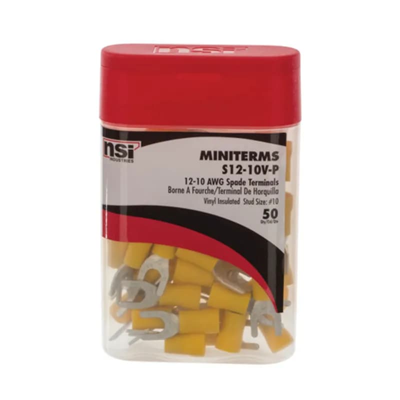 12-10 AWG Vinyl Insulated Spade Terminal #10 Stud Vinyl spade terminals have an open tongue end for rapid insertion on the mounting screw. Typically used on free-standing studs. Vinyl insulated spade terminals are made of tin-plated copper, vinyl (PVC). 300V, 75 degrees C. FEATURES: STYLE: Standard MATERIAL: Vinyl QUANTITY: 50 Count WIRE SIZE: 12-10 AWG STUD SIZE: 10 LENGTH: 1.103 WIDTH: 0.375