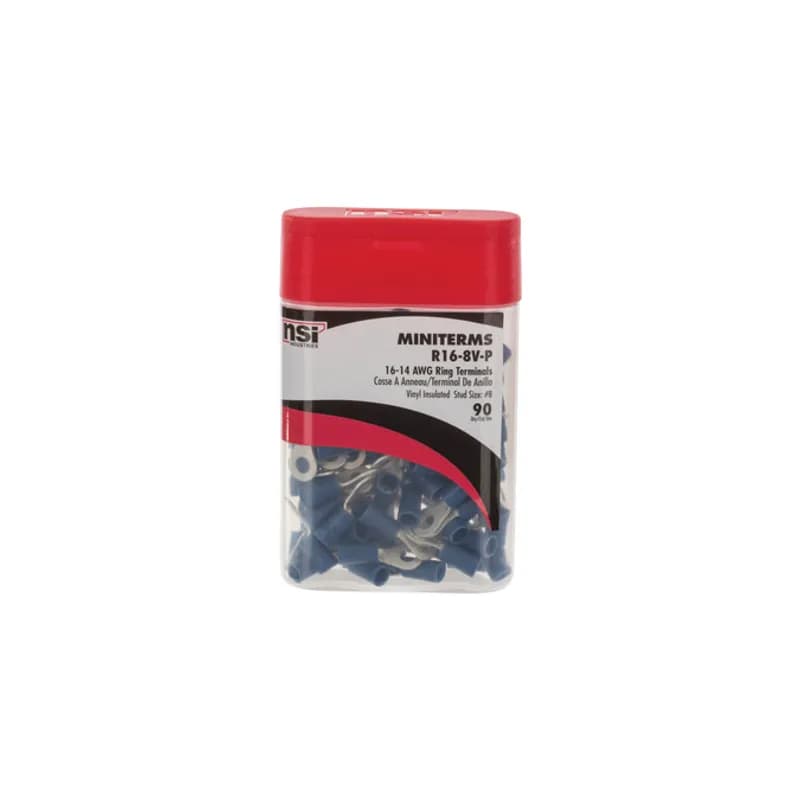 16-14 AWG Vinyl Insulated Ring Terminal #8 Stud Vinyl ring terminals are basic tongue ring terminals. Safe and reliable connections because it cannot be disconnected unless the screw is completely removed. Vinyl insulated ring terminals are made of tin-plated copper with brazed seam, vinyl (PVC). 300V, 75 degrees C. FEATURES: STYLE: Standard MATERIAL: Vinyl QUANTITY: 90 Count WIRE SIZE: 16-14 AWG STUD SIZE: 8 LENGTH: 0.866 WIDTH: 0.334