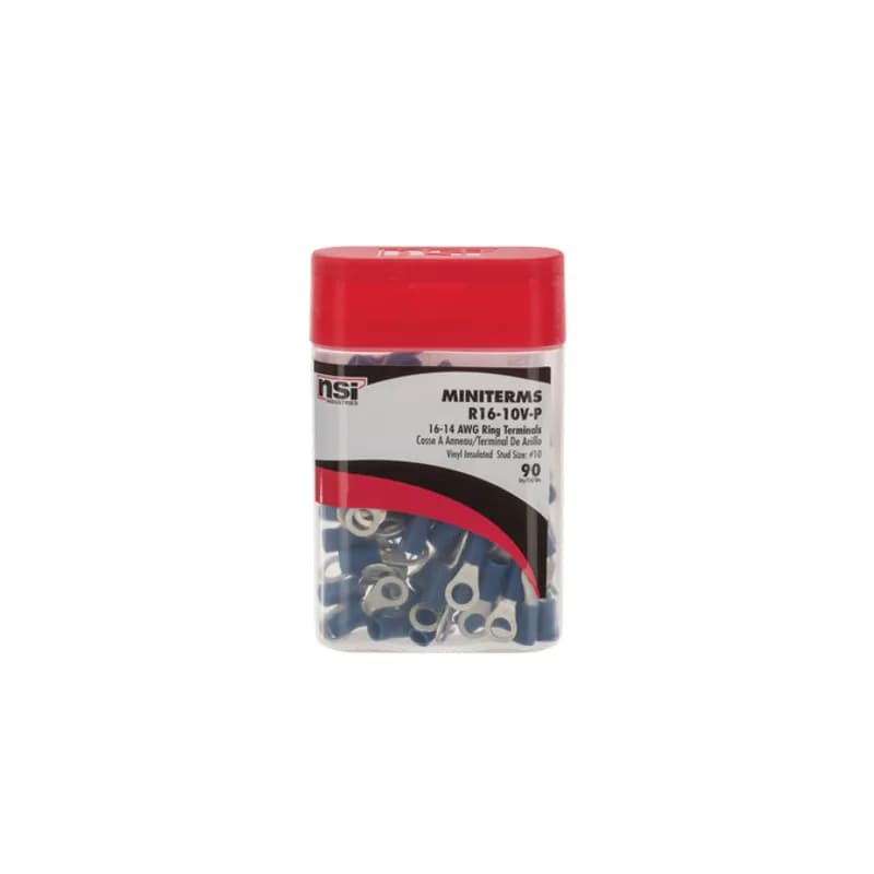 16-14 AWG Vinyl Insulated Ring Terminal #10 Stud Vinyl ring terminals are basic tongue ring terminals. Safe and reliable connections because it cannot be disconnected unless the screw is completely removed. Vinyl insulated ring terminals are made of tin-plated copper with brazed seam, vinyl (PVC). 300V, 75 degrees C. FEATURES: STYLE: Standard MATERIAL: Vinyl QUANTITY: 90 Count WIRE SIZE: 16-14 AWG STUD SIZE: 10 LENGTH: 0.866 WIDTH: 0.334