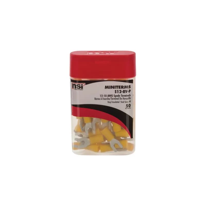 12-10 AWG Vinyl Insulated Spade Terminal #8 Stud Vinyl spade terminals have an open tongue end for rapid insertion on the mounting screw. Typically used on free-standing studs. Vinyl insulated spade terminals are made of tin-plated copper, vinyl (PVC). 300V, 75 degrees C. FEATURES: STYLE: Standard MATERIAL: Vinyl QUANTITY: 50 Count WIRE SIZE: 12-10 AWG STUD SIZE: 8 LENGTH: 0.690 WIDTH: 0.316