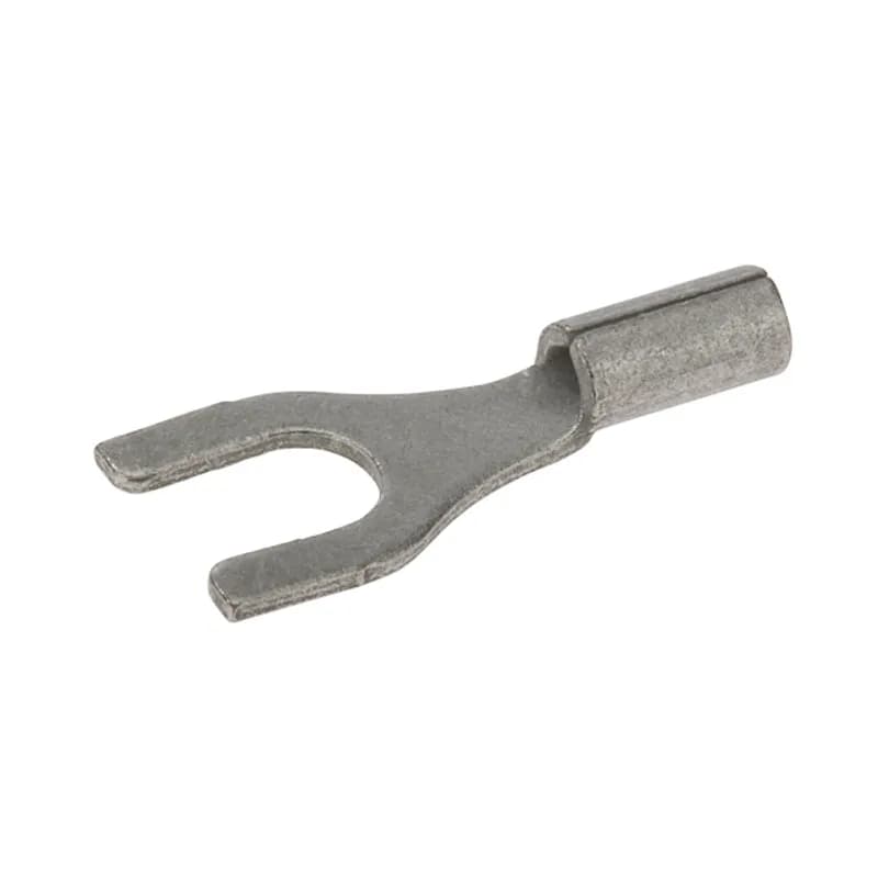 16-14 AWG Uninsulated Spade Terminal #8 Stud - 100 Count Uninsulated spade terminals have an open tongue end for rapid insertion on the mounting screw. Typically used on free-standing studs. Uninsulated spade terminals are made of electro tin-plated copper. 600V, 105 degrees C. FEATURES: STYLE: Uninsulated Spade MATERIAL: Tin-plated copper QUANTITY: 100 Count WIRE SIZE: 16-14 AWG STUD SIZE: 8 LENGTH: 1.000 WIDTH: 0.492