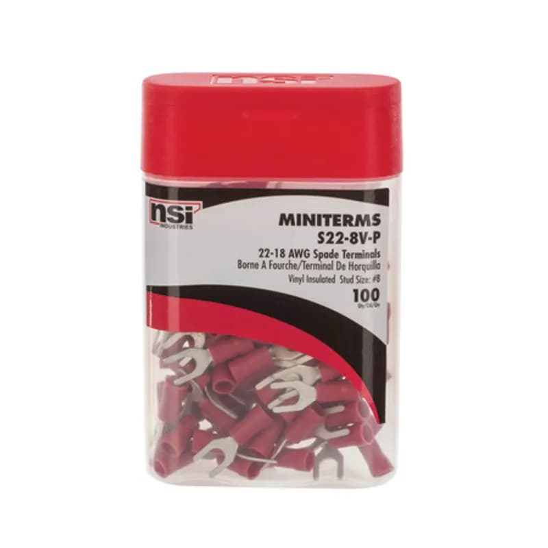22-18 AWG Vinyl Insulated Spade Terminal #8 Stud Vinyl spade terminals have an open tongue end for rapid insertion on the mounting screw. Typically used on free-standing studs. Vinyl insulated spade terminals are made of electro tin-plated copper, vinyl (PVC). 300V, 75 degrees C. FEATURES: STYLE: Standard MATERIAL: Vinyl QUANTITY: 100 Count WIRE SIZE: 22-18 AWG STUD SIZE: 8 LENGTH: 0.826 WIDTH: 0.283