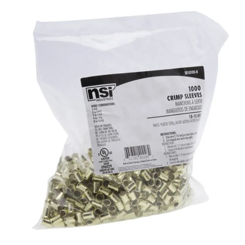 NSI Industries SB1810S-B - The Easy-Twist SB1810S-B 1000-Count Bag of Steel Crimp Sleeve Wire Connectors are designed for use on wires in the 18-10 AWG size range. The simple brass-plated sleeve design forms low-resistance connections in a tight space and installs using a specialized crimp tool or adjustable pliers. Use crimp sleeves to permanently connect wires in grounding, uninsulated or small motor applications where vibration resistance is a concern.