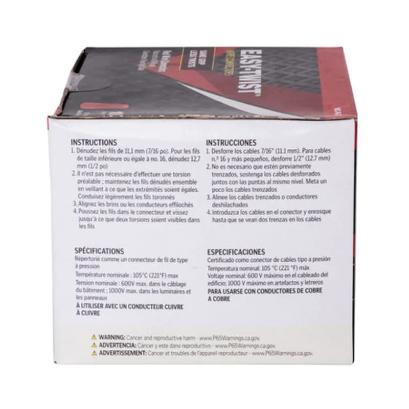 The Easy-Twist WC-R-C 100-Count Carton of Standard-Style Red Wire Connectors are designed for use on copper wires in the 22-10 AWG size range. They’re made of flame-retardant thermoplastic rated for a maximum temperature of 105˚ Celsius (221˚ Fahrenheit). The quick-grip square spring design grips in fewer twists and can dead-end a single wire, while the ergonomic ribbed texture makes them easy to twist. Their compact design is useful for applications in tight areas or anywhere else you need to connect wires.