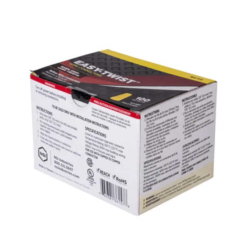 NSI Industries WC-Y-C - The Easy-Twist WC-Y-C 100-Count Carton of Standard-Style Yellow Wire Connectors are designed for use on copper wires in the 22-8 AWG size range. Theyâ€™re made of flame-retardant thermoplastic rated for a maximum temperature of 105Ëš Celsius (221Ëš Fahrenheit). The quick-grip square spring design grips in fewer twists and can dead-end a single wire, while the ergonomic ribbed texture makes them easy to twist. Their compact design is useful for applications in tight areas or anywhere else you need to connect wires.