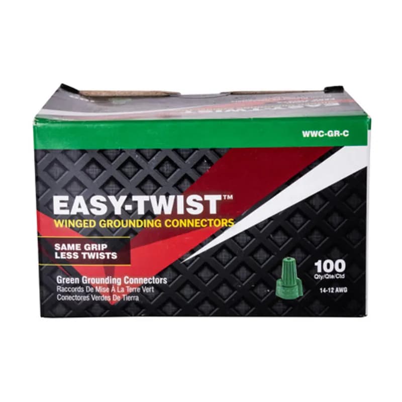 The Easy-Twist WWC-GR-C 100-Count Carton of Green Winged Wire Connectors are designed for grounding copper wires in the 14-12 AWG size range. They have a hole in the top designed for a through-wire and are made of flame-retardant thermoplastic. The quick-grip square spring design grips in fewer twists and can dead-end a single wire, while the ergonomic swept-back wing design and ribbed texture makes them easy to twist. Their compact design is useful for applications in tight areas or anywhere else you need to connect wires.
