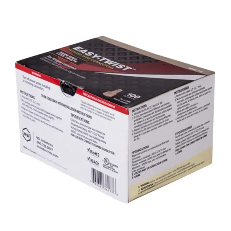 NSI Industries WWC-T-C - The Easy-Twist WWC-T-C 100-Count Carton of Tan Winged Wire Connectors are designed for use on copper wires in the 22-10 AWG size range. Theyâ€™re made of flame-retardant thermoplastic rated for a maximum temperature of 105Ëš Celsius (221Ëš Fahrenheit). The quick-grip square spring design grips in fewer twists and can dead-end a single wire, while the ergonomic swept-back wing design and ribbed texture makes them easy to twist. Their compact design is useful for applications in tight areas or anywhere else you need to connect wires.