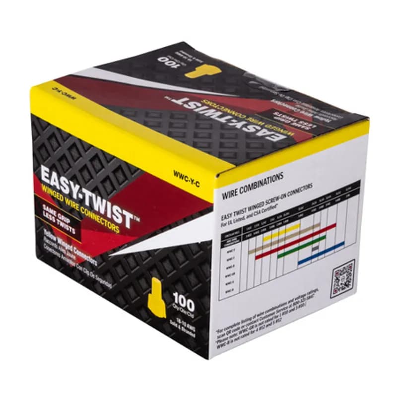 NSI Industries WWC-Y-C - The Easy-Twist WWC-Y-C 100-Count Carton of Yellow Winged Wire Connectors are designed for use on copper wires in the 18-10 AWG size range. Theyâ€™re made of flame-retardant thermoplastic rated for a maximum temperature of 105Ëš Celsius (221Ëš Fahrenheit). The quick-grip square spring design grips in fewer twists and can dead-end a single wire, while the ergonomic swept-back wing design and ribbed texture makes them easy to twist. Their compact design is useful for applications in tight areas or anywhere else you need to connect wires.