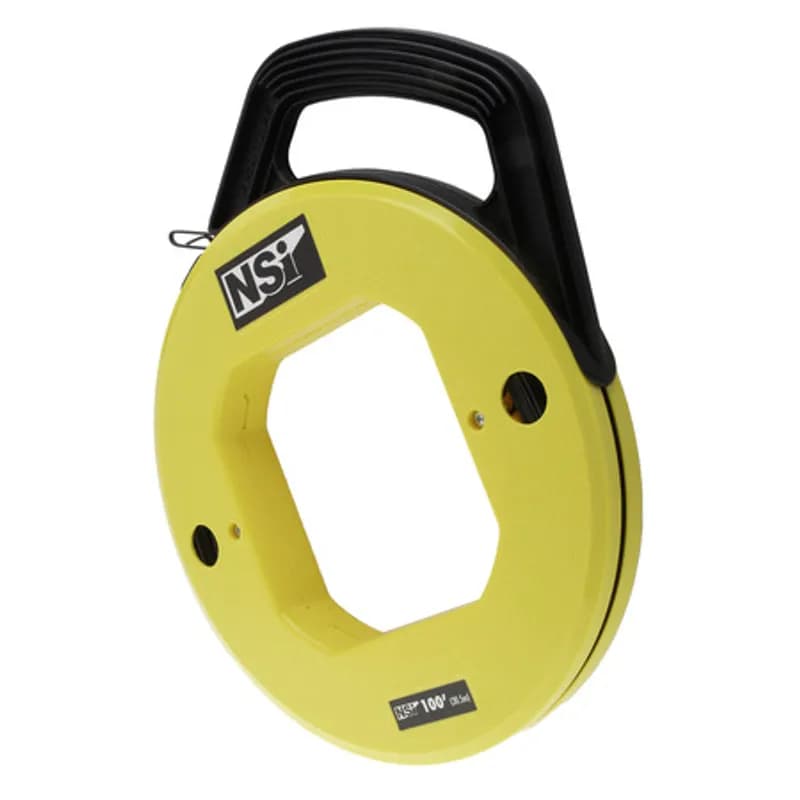 100' Steel Fishtape with Handle APPLICATIONS: Extremely flexible and durable flat spring steel. Stiffer construction is excellent for long runs. Looped end for attaching wires. Heavy-duty housing withstands rough conditions. High visibility yellow makes fish tape easy to locate. Viewing holes to show remaining tape. Handle slides through base to reel tape easily. 500 Lbs. Maximum tape strength FEATURES: TYPE: Steel WIDTH: 1/8" LENGTH: 120' END TYPE: Formed hook BRAND EQUIVALENT: Ideal 31-056 MANUFACTURER : NSi Industries PART NUMBER: FTS120 UPC: 662381016386