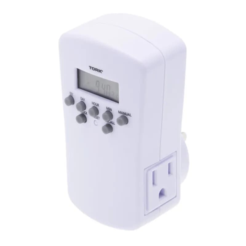 The TORK 455E 7-Day Digital Plug-In Lighting and Appliance Timer features 2 grounded outlets and 1-minute accuracy. Automate your home or office using multiple On/Off cycles on the daily, weekly, weekday or weekend modes. Designed for applications including holiday lights, small appliances, lamps, radios, televisions and more.