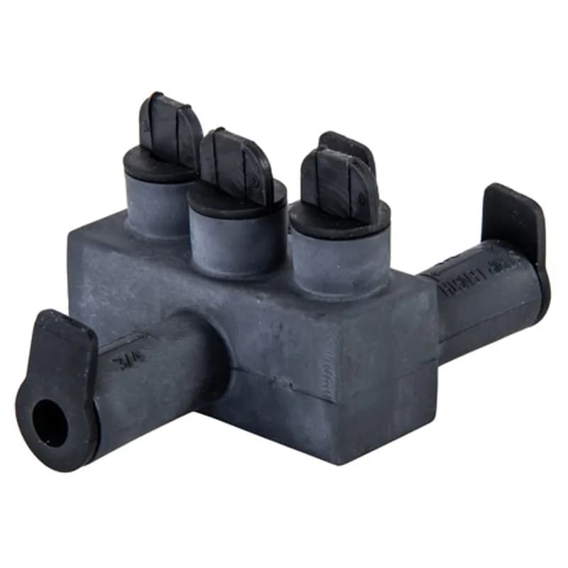 NSI Industries ISPBO2/0B - The Polaris ISPBO2/0B Multi-Tap Direct Burial Submersible Offset Port Connector features 3 ports, two on one side and one on the other, sized for 2/0 - 14 AWG wires. The body is made from aluminum alloy wrapped in a layer of high-dielectric strength rubber insulation. Each offset port is pre-loaded with an oxide inhibitor, with removable access plugs over the hex screws used to tighten the radial-tipped set screws. Installs with a hex key and torque wrench, without any tape or additional supplies. Meets or exceeds UL486D and ANSI C119.1 specifications for use in wet or damp locations and designed for use in a wide range of temporary submersal or burial splicing applications.