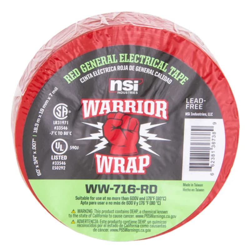 WarriorWrap WW-716-RD Red Vinyl General Use Electrical Tape is strong enough for professional environments and gets the job done right the first time, every time. This tape is 7mil thick, 60ft long and has a max temperature rating of 176 degrees. The strong adhesion helps stick to uneven surfaces and keeps the backing in place. Top breaking strength and elasticity make WarriorWrap an excellent choice for splicing, insulating or marking wires.