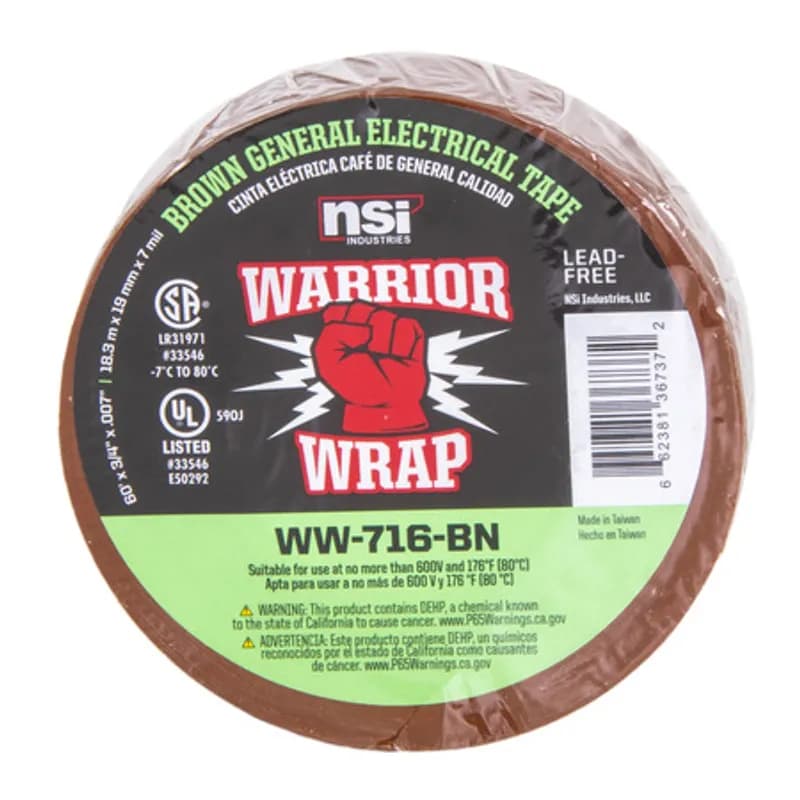 WarriorWrap WW-716-BL Blue Vinyl General Use Electrical Tape is strong enough for professional environments and gets the job done right the first time, every time. This tape is 7mil thick, 60ft long and has a max temperature rating of 176 degrees. The strong adhesion helps stick to uneven surfaces and keeps the backing in place. Top breaking strength and elasticity make WarriorWrap an excellent choice for splicing, insulating or marking wires.
