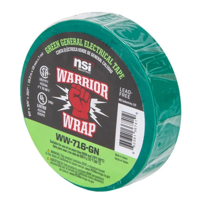 NSI Industries WW-716-GN - WarriorWrap WW-716-GN Green Vinyl General Use Electrical Tape is strong enough for professional environments and gets the job done right the first time, every time. This tape is 7mil thick, 60ft long and has a max temperature rating of 176 degrees. The strong adhesion helps stick to uneven surfaces and keeps the backing in place. Top breaking strength and elasticity make WarriorWrap an excellent choice for splicing, insulating or marking wires.
