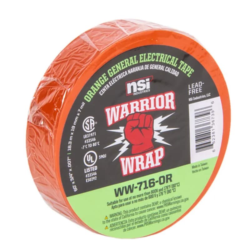 NSI Industries WW-716-OR - WarriorWrap WW-716-OR Orange Vinyl General Use Electrical Tape is strong enough for professional environments and gets the job done right the first time, every time. This tape is 7mil thick, 60ft long and has a max temperature rating of 176 degrees. The strong adhesion helps stick to uneven surfaces and keeps the backing in place. Top breaking strength and elasticity make WarriorWrap an excellent choice for splicing, insulating or marking wires.
