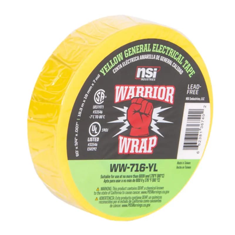 WarriorWrap WW-716-YL Yellow Vinyl General Use Electrical Tape is strong enough for professional environments and gets the job done right the first time, every time. This tape is 7mil thick, 60ft long and has a max temperature rating of 176 degrees. The strong adhesion helps stick to uneven surfaces and keeps the backing in place. Top breaking strength and elasticity make WarriorWrap an excellent choice for splicing, insulating or marking wires.